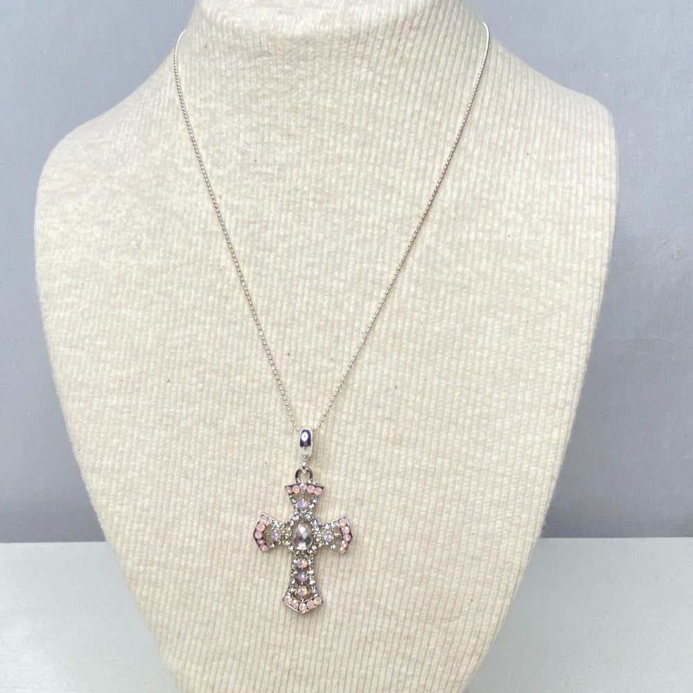 💎Cross Pendant Opalescent And  Clear Rhinestones Pave Silver Tone Ball Chain